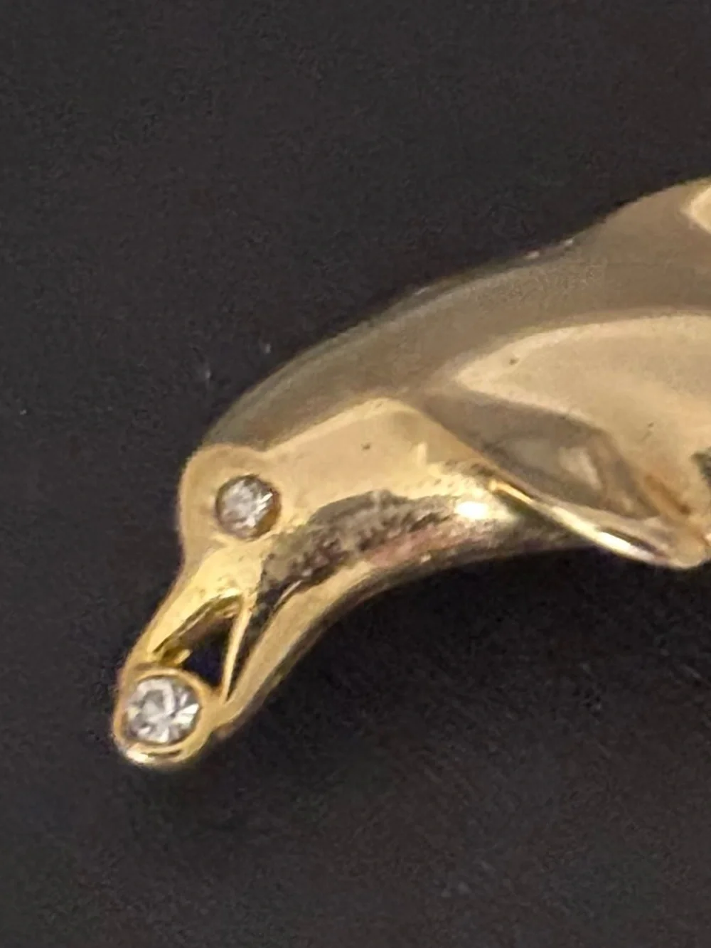 Gold Tone Dolphin Brooch Pin Clear Rhinestone Accents Unsigned